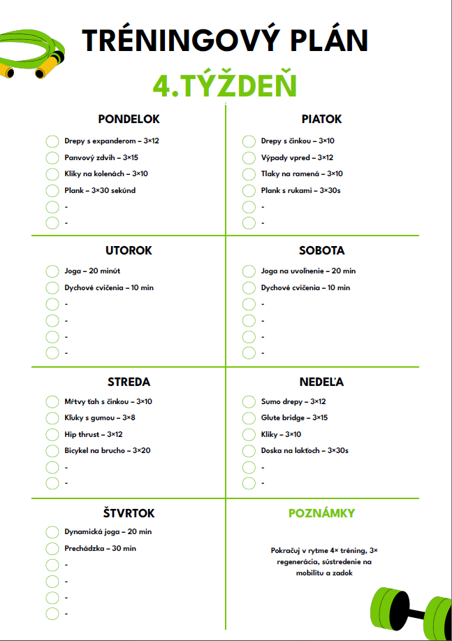 Ukážka tréningového plánu na 1. týždeň – cvičenie pre lepšiu kondíciu a spaľovanie tuku