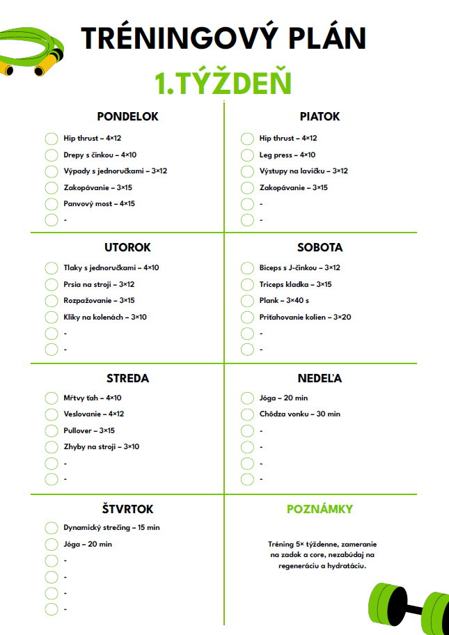 Ukážka tréningového plánu na 1. týždeň – cvičenie pre lepšiu kondíciu a spaľovanie tuku